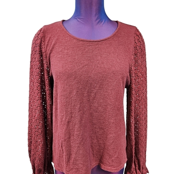 Madewell Texture & Thread Eyelet‎ Mixed Ruffle Sleeve Top Maroon Size Medium - Picture 1 of 8